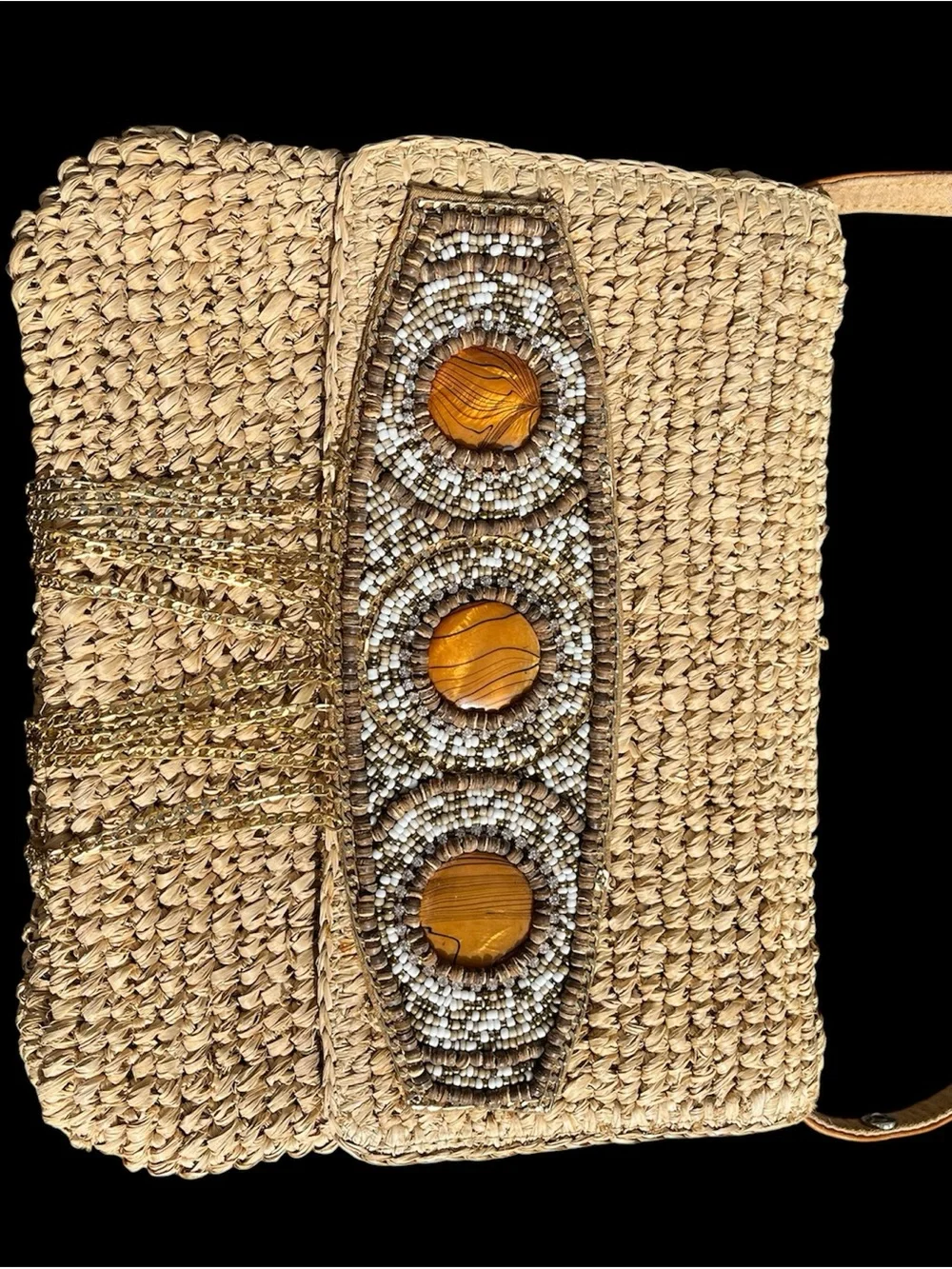 Tommy Bahamas NWT Boho Crossbody Bag Beaded Fringe Straw Raffia - Picture 4 of 7